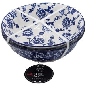 Emika Floral 8.25in  Asian Ceramic Ramen Noodle Bowl Set Of 2pc White Blue